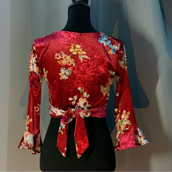 Forever 21 Velvet Floral Crop Top Surplice Deep Vneck Ballet Wrap Tie Waist - Picture 5 of 9